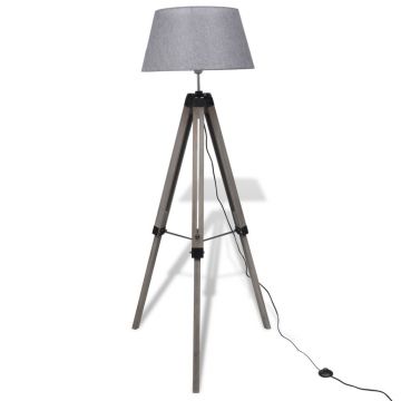 Lampă de podea ajustabilă cu tripod și abajur din material textil gri