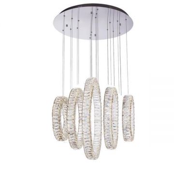 Candelabru Pendul Lumina Led Rotund, Pandantiv de cristal din sticla S, cu cinci inele pentru sufragerie, dinning, dormitor