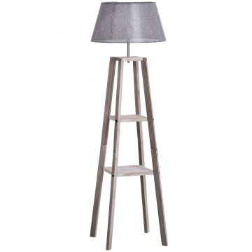 HOMCOM Lampadar din Lemn cu Raft si Abajur din Tesatura, Design Modern pentru Salon, Intrerupator de Picior, 64x38x163.5 cm, Gri | Aosom Romania