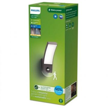 Aplica LED pentru exterior cu senzor de miscare Philips SPLAY, 3.8W, 800 lm, lumina calda (2700K), IP44, 240x160x80mm, Antracit