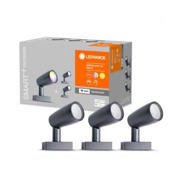 Set 3x spoturi Led Ledvance SMART+ GARDEN SPOT MULTICOLOR, 14.5W, 220- 240V, IP65, temperatura lumina calda 3000K, 680 lumeni, durata de viata 25.000 de ore, material aluminiu/ sticla, dimensiuni 145x90x295mm