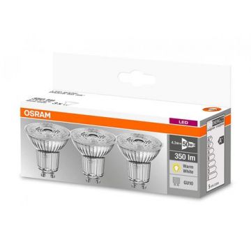 Set de 3 spot-uri Led Osram, Par16 50, GU10, 4.3W (50W), lumina calda (2700K), 350 lumeni, 230V, durata de viata 15000 ore, clasa energetica A+