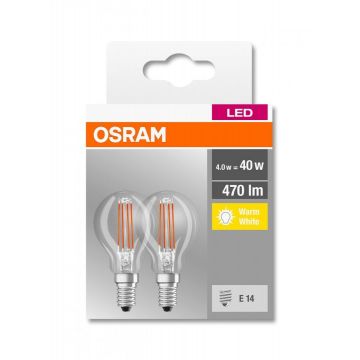 2 Becuri LED Osram Base Classic P, E14, 4W (40W), 470 lm, lumina calda(2700K), cu filament