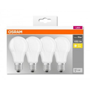 4 Becuri LED Osram Base Classic A, E27, 10W (75W), 1055 lm, luminacalda(2700K)