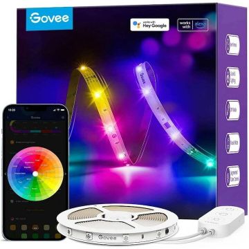 Govee Banda LED RGBIC inteligenta Govee H618A RGBIC, Wi-Fi, Bluetooth, sincronizare muzica, lumina alba si colorata, 5m, compatibil Google Assistant & Alexa