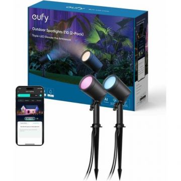 Set 2 Reflectoare smart de exterior Eufy Spotlights E10, AI, IP65, cu fir (Negru)