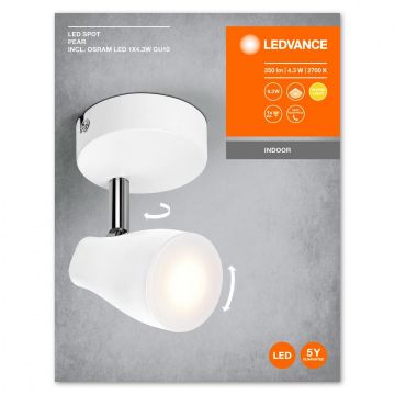 Spot LED ajustabil Ledvance Pear, GU10, 4.3W, 350 lm, lumina calda (2700K), IP20, 110x80x92mm, metal/plastic, Alb