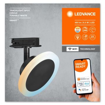 Spot LED inteligent pe sina Ledvance Smart+ WiFi TRACKLIGHT SPOT CIRCLE, 6.5W, 480 lm, lumina alba (3000-6500K), dimabila, IP20, reglabil, Ø120x95mm, Negru