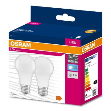 2 Becuri LED Osram Value Classic A, E27, 10W (75W), 1055 lm,luminaneutra (4000K)