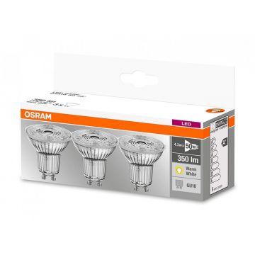 3 Becuri LED Osram Base PAR16 36°, GU10, 4.3W (50W), 350 lm, luminacalda (2700K)